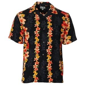 Paradise Bay Hawaiian Shirt Mens Small Black Floral Hibiscus Rayon Aloha EUC
